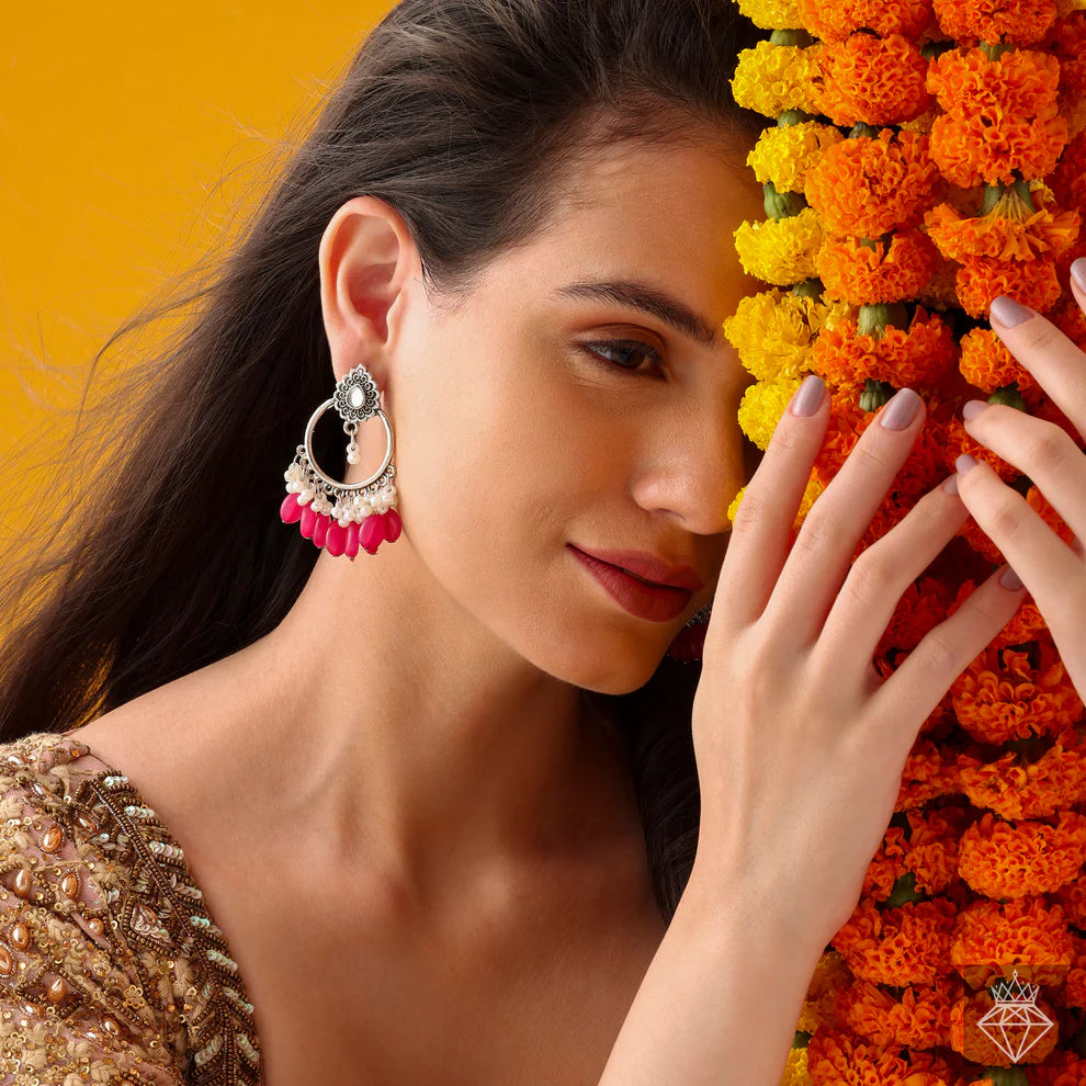 Vibrant Red & White Beaded Ethnic Danglers