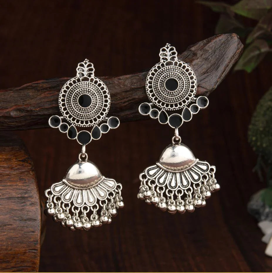 Oxidised Silver Plated Geometric Shaped Enamel Artwork With Hanging Beads Fashion Antique Earring