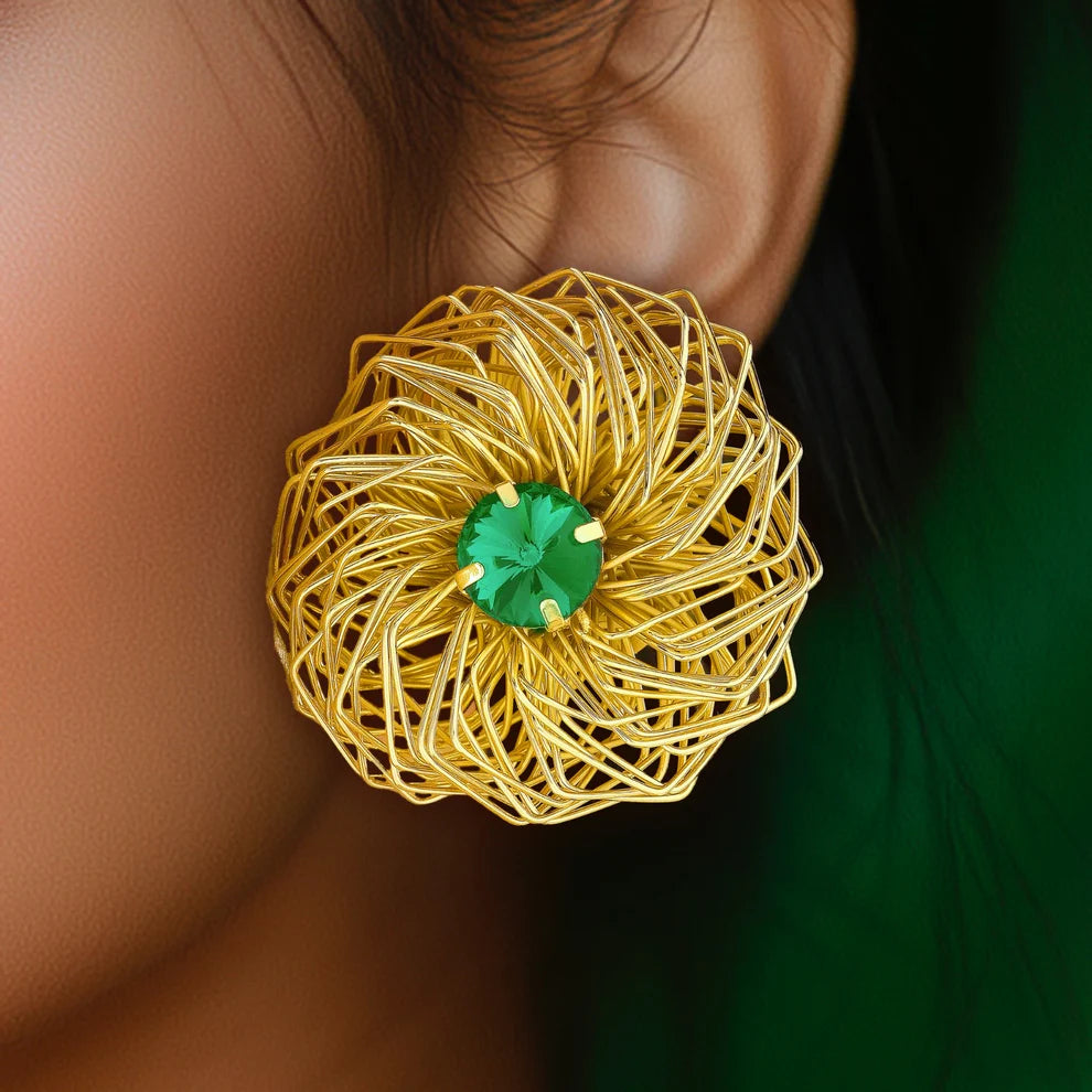 Anti-Tarnish Golden Nest Emerald Earrings