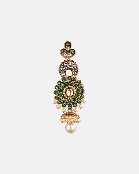 Gold-Plated Floral Inspired Kundan studded Drop earrings with Pearl Drop Emerald Brass Drops & Danglers