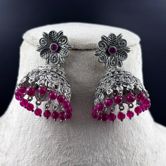 Stylish Pink Pearl Oxidise Jhumka Earrings