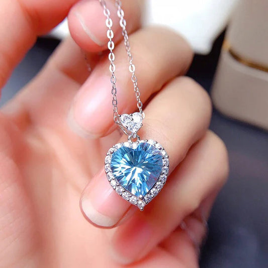 Silver Plated Anti Tarnish American Diamond Crushed Ice Cut Blue Heart Shape Pendant