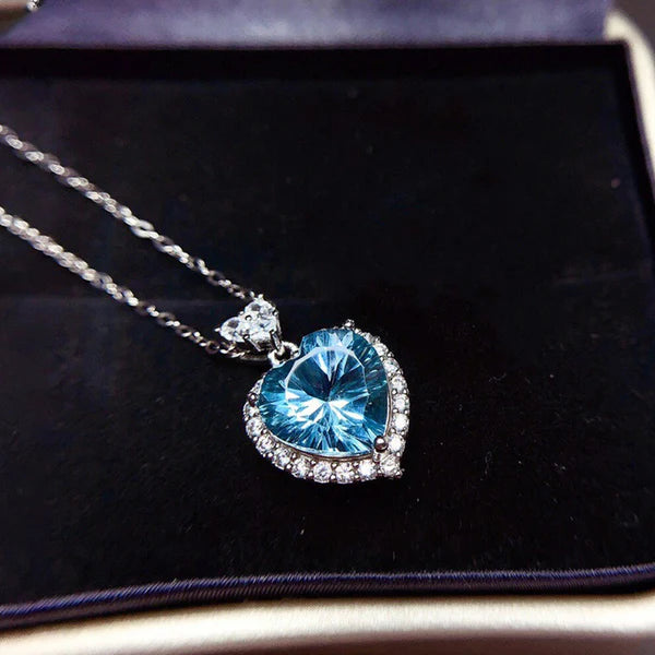 Silver Plated Anti Tarnish American Diamond Crushed Ice Cut Blue Heart Shape Pendant