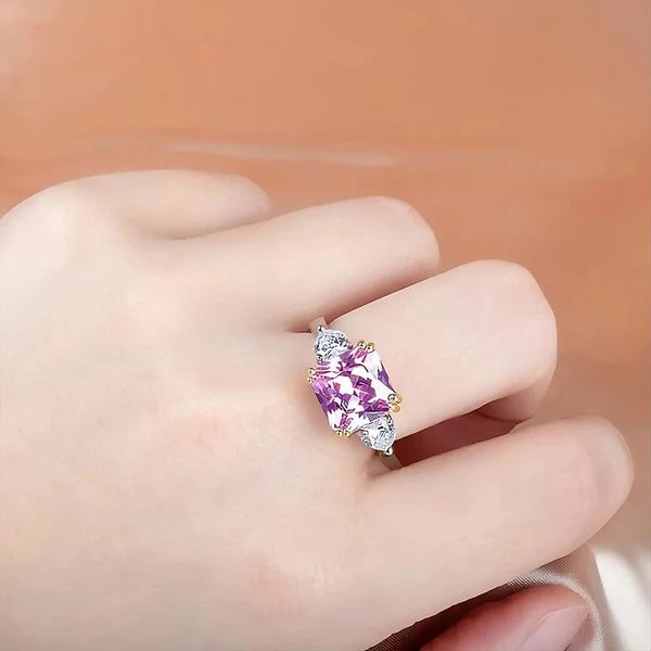 Silver Plated Anti Tarnish American Diamond Crushed Ice Cut Pink Geometric Contemporary Finger Ring