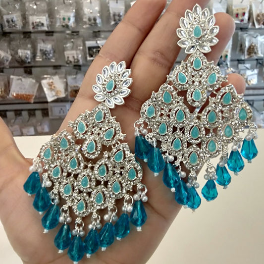 Silver and Blue Chandelier Earrings – Traditional Statement Jewelry