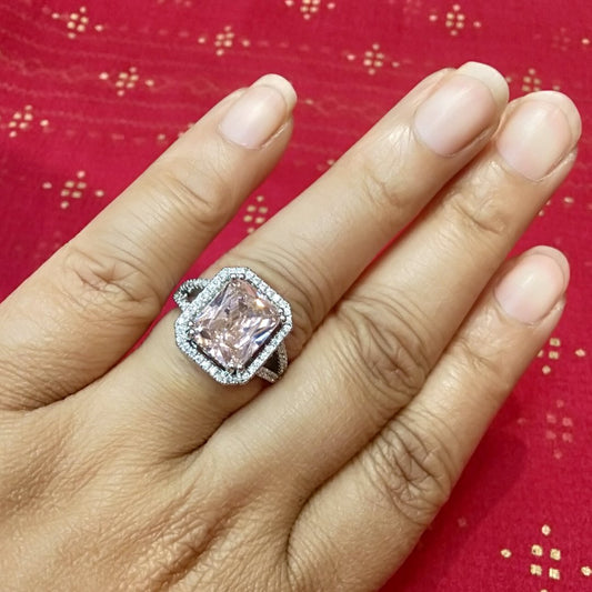 Silver Plated Anti Tarnish American Diamond Crushed Ice Cut Pink Geometric Contemporary Finger Ring