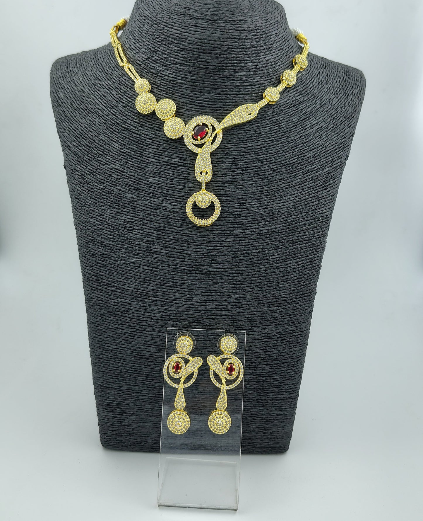 Gold-Plated Crystal Necklace and Earrings Set with Ruby Red Accent