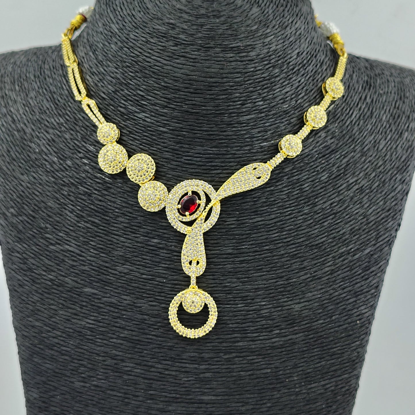 Gold-Plated Crystal Necklace and Earrings Set with Ruby Red Accent