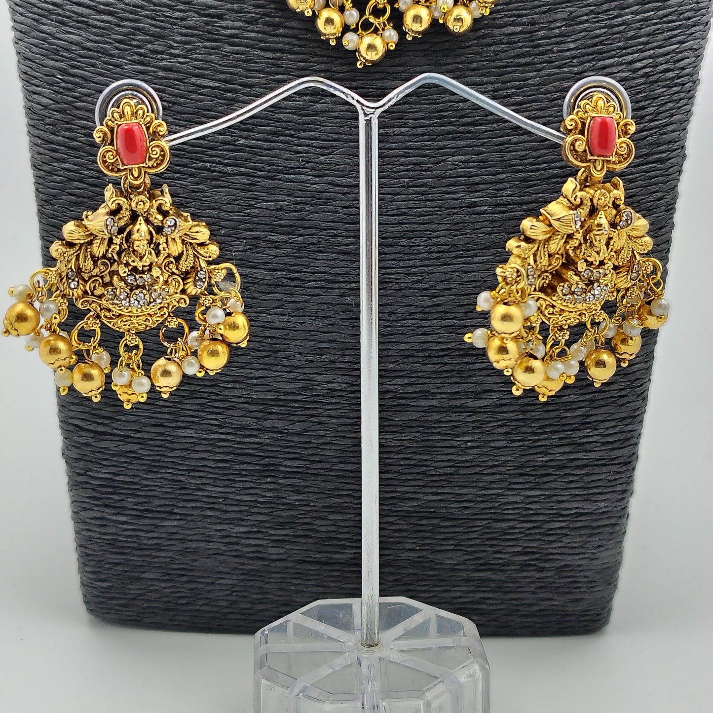 Traditional Temple Jewellery Set, Antique Gold-Plated Necklace and Earrings with Red Stones and Pearl Drops