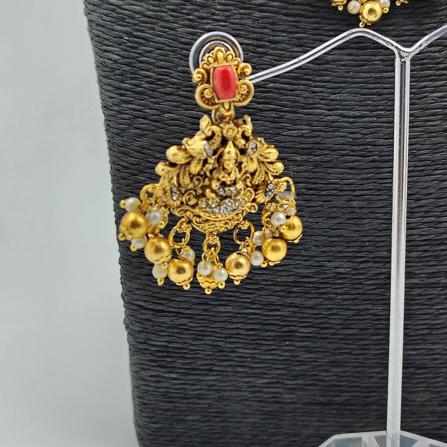 Traditional Temple Jewellery Set, Antique Gold-Plated Necklace and Earrings with Red Stones and Pearl Drops