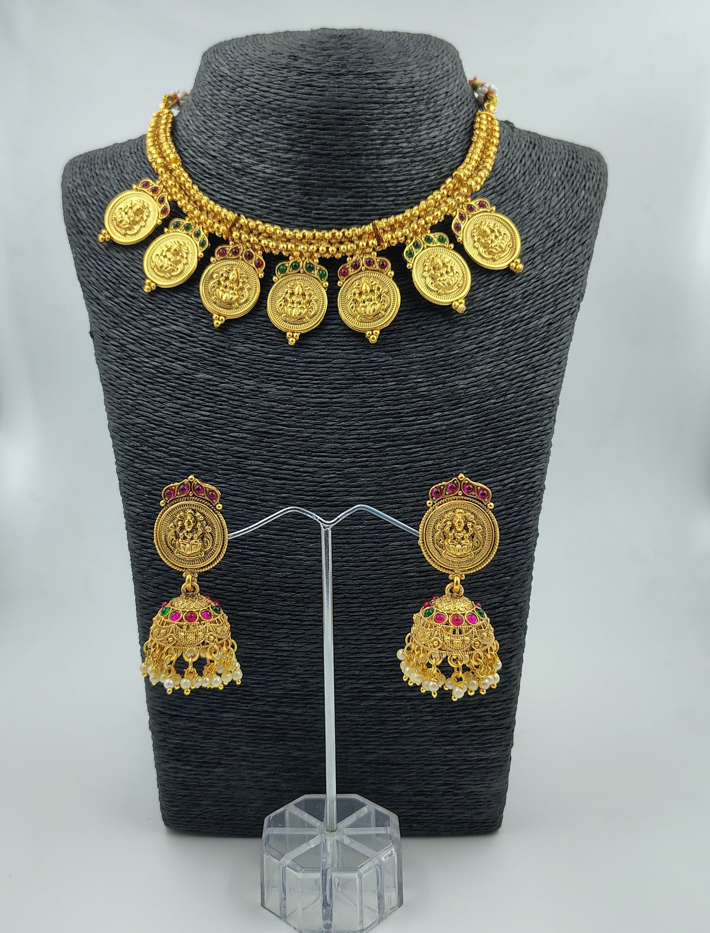 Traditional Temple Jewellery Set with Gold-Plated Lakshmi Coin Necklace and Pearl Jhumka Earrings, Antique Finish