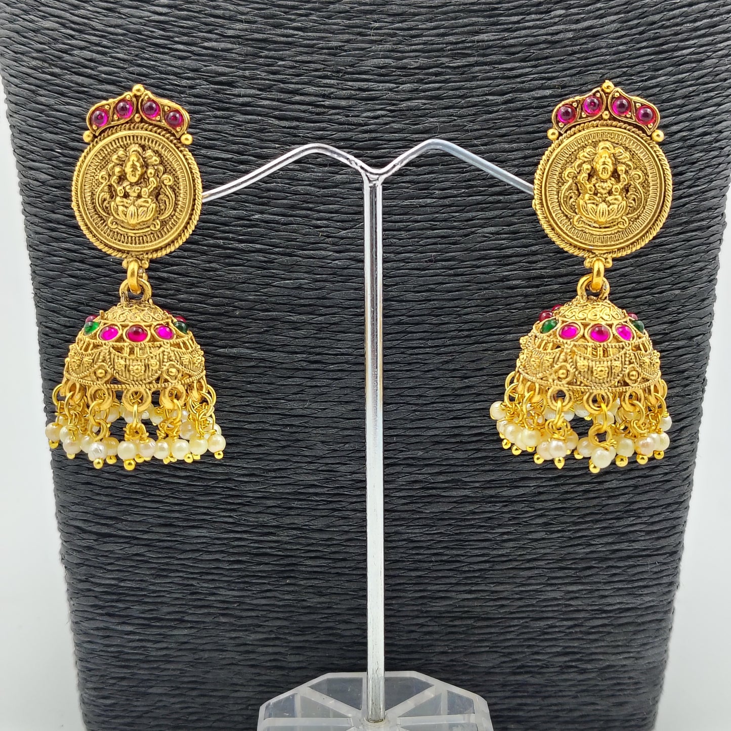 Traditional Temple Jewellery Set with Gold-Plated Lakshmi Coin Necklace and Pearl Jhumka Earrings, Antique Finish