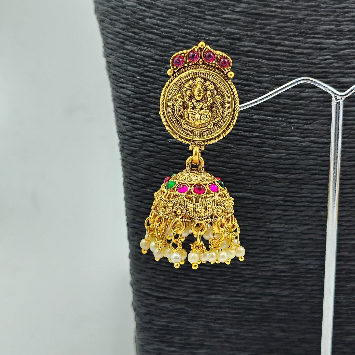 Traditional Temple Jewellery Set with Gold-Plated Lakshmi Coin Necklace and Pearl Jhumka Earrings, Antique Finish