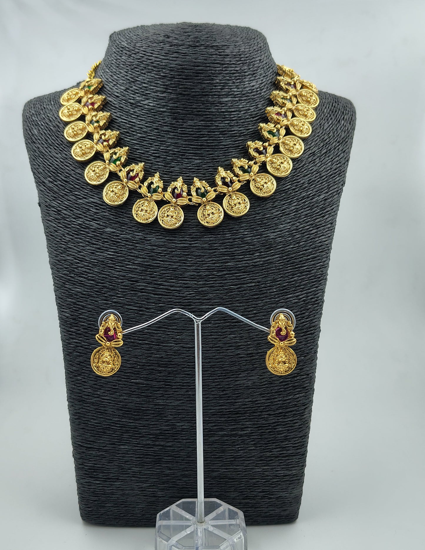 Traditional Temple Coin Necklace Set with Earrings, Gold-Plated, Ruby and Emerald Accents