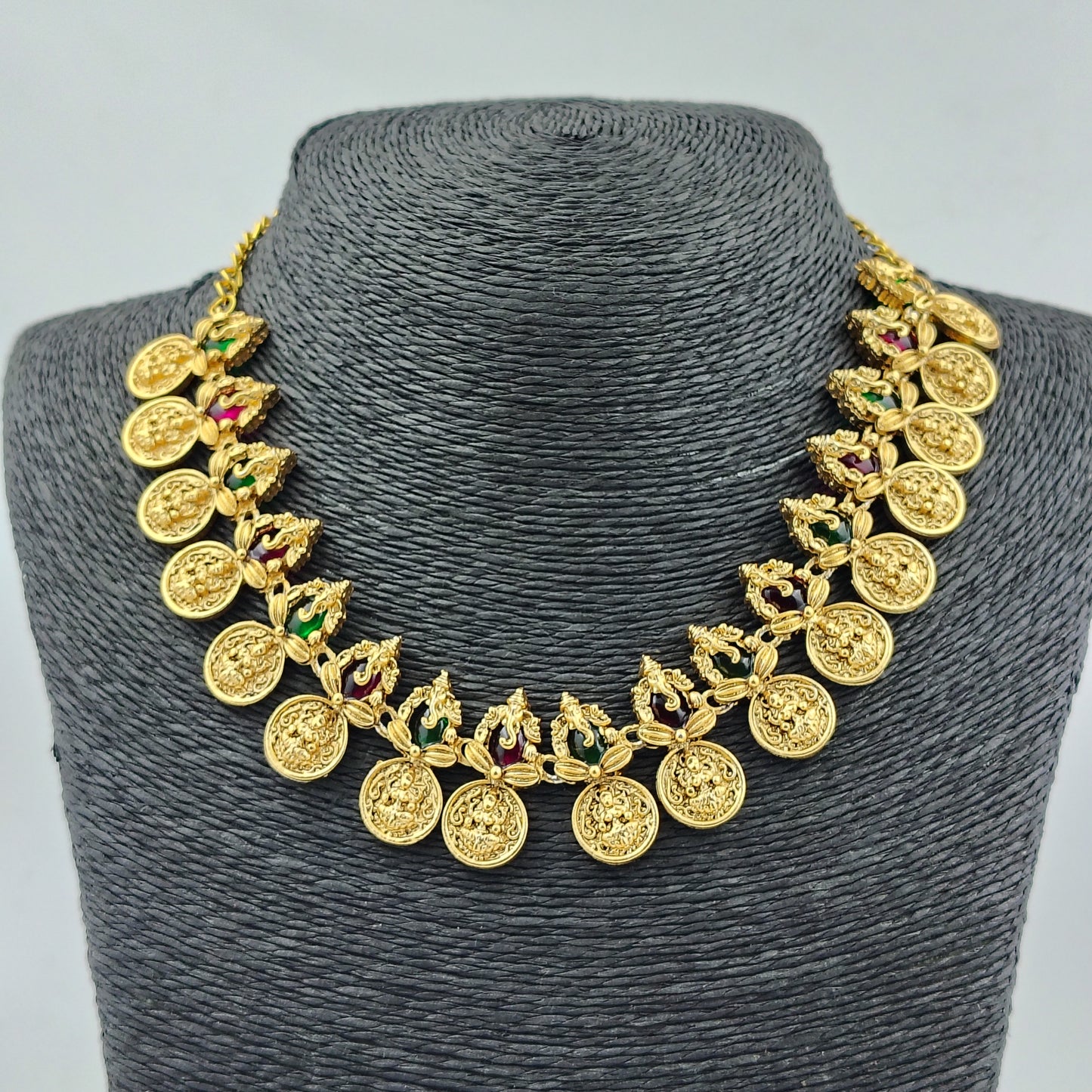 Traditional Temple Coin Necklace Set with Earrings, Gold-Plated, Ruby and Emerald Accents