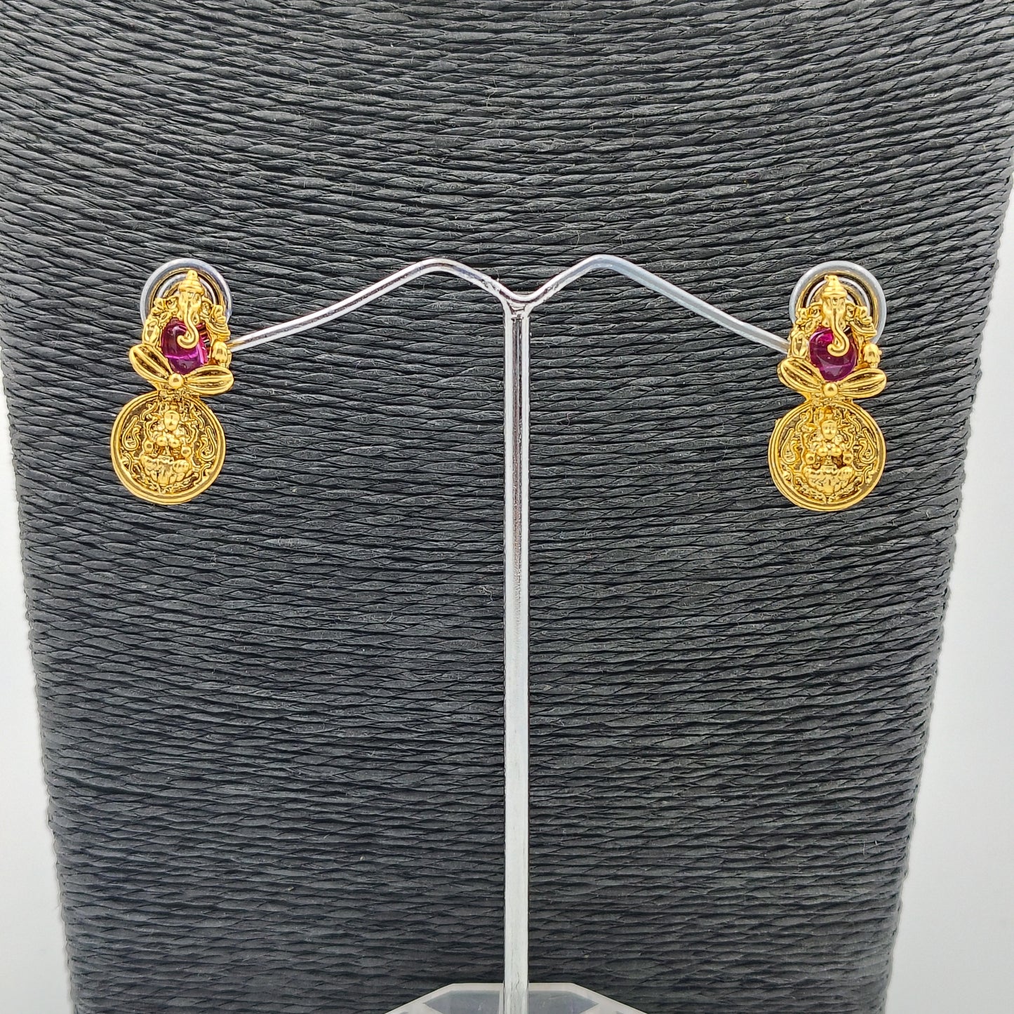 Traditional Temple Coin Necklace Set with Earrings, Gold-Plated, Ruby and Emerald Accents