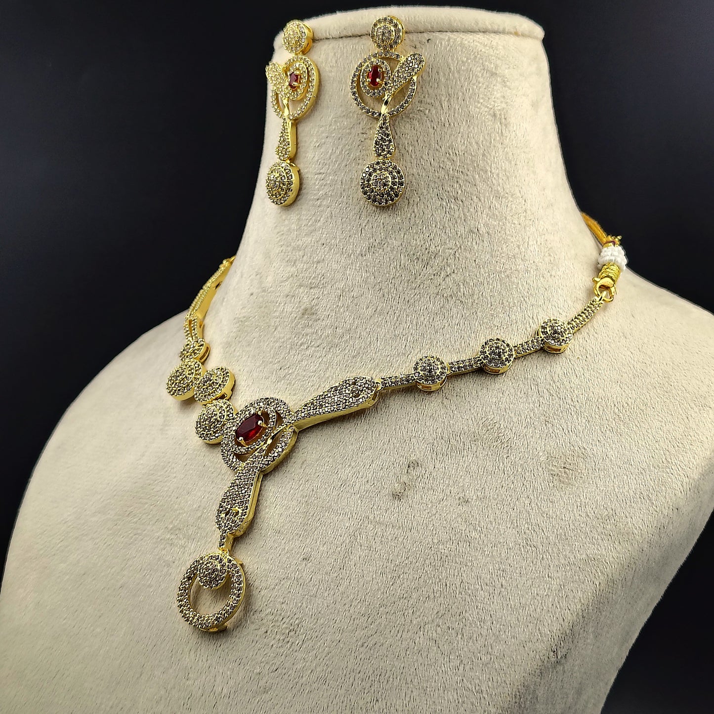 Gold-Plated Crystal Necklace and Earrings Set with Ruby Red Accent