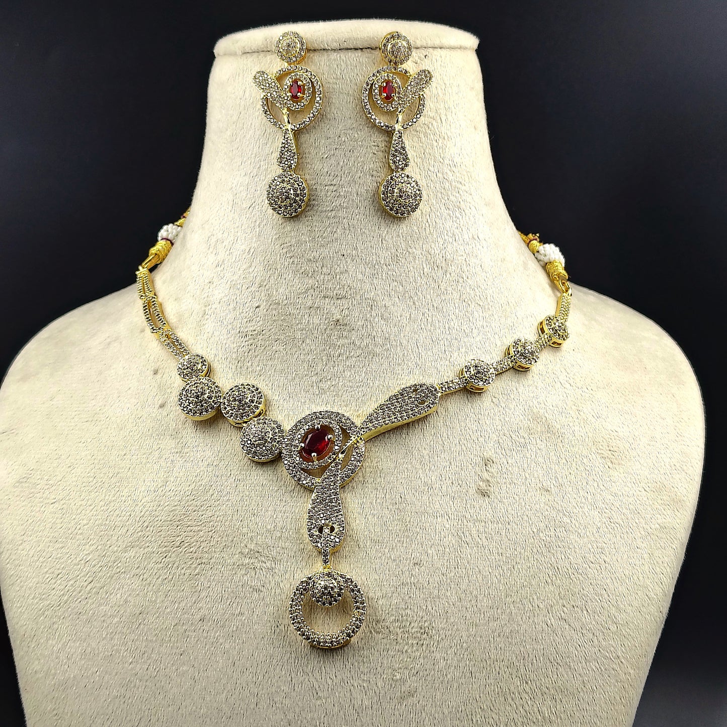 Gold-Plated Crystal Necklace and Earrings Set with Ruby Red Accent