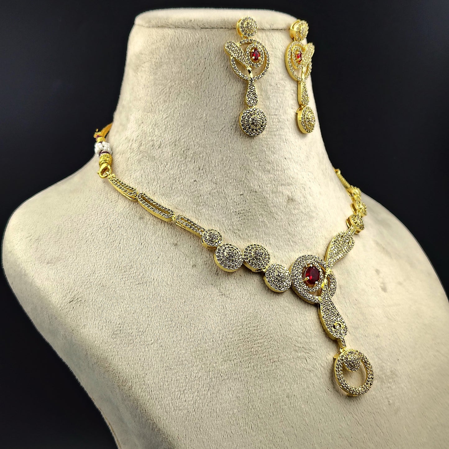 Gold-Plated Crystal Necklace and Earrings Set with Ruby Red Accent