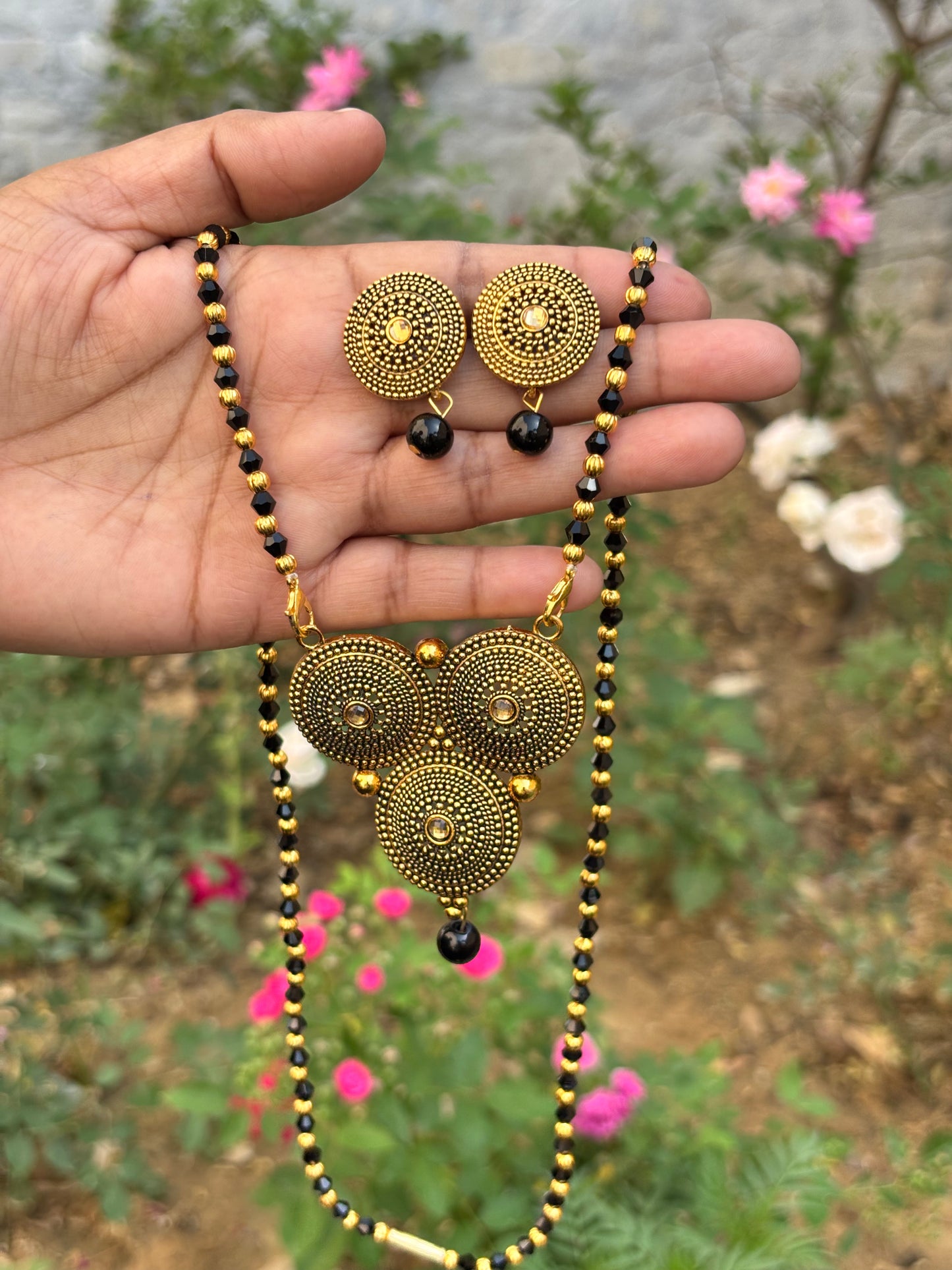 Black Bead Mangalsutra & Earrings Set – Antique Gold Finish