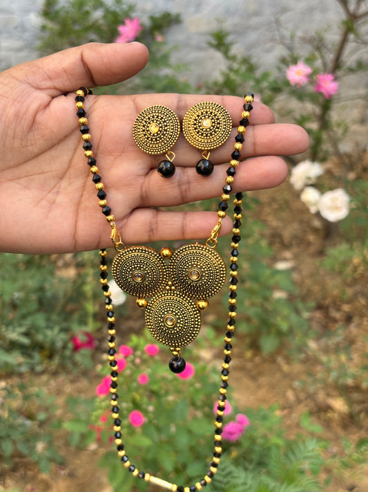Black Bead Mangalsutra & Earrings Set – Antique Gold Finish