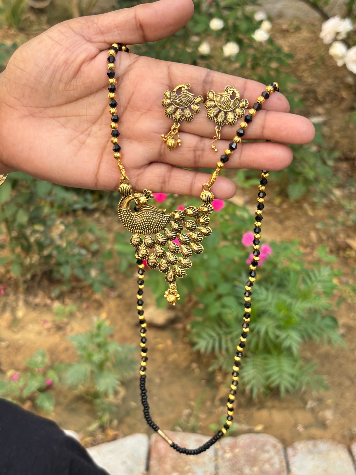 Peacock Design Gold-Plated Mangalsutra & Earrings