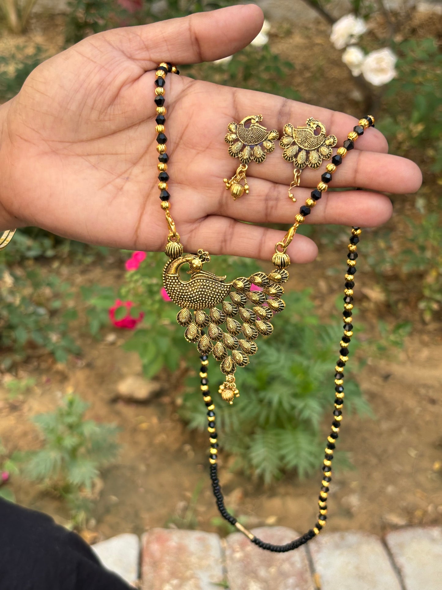 Peacock Design Gold-Plated Mangalsutra & Earrings