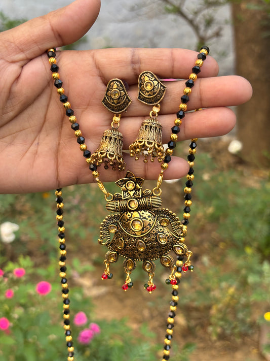 Antique Gold-Plated Mangalsutra Set with Intricate Temple Design
