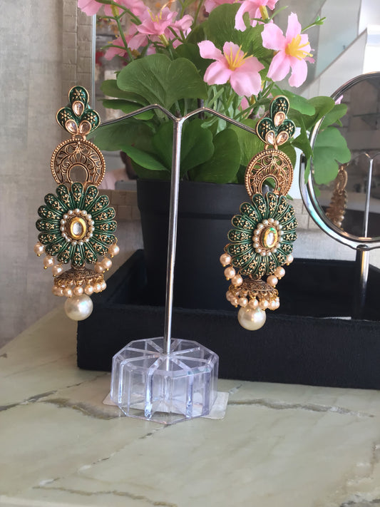 Gold-Plated Floral Inspired Kundan studded Drop earrings with Pearl Drop Emerald Brass Drops & Danglers