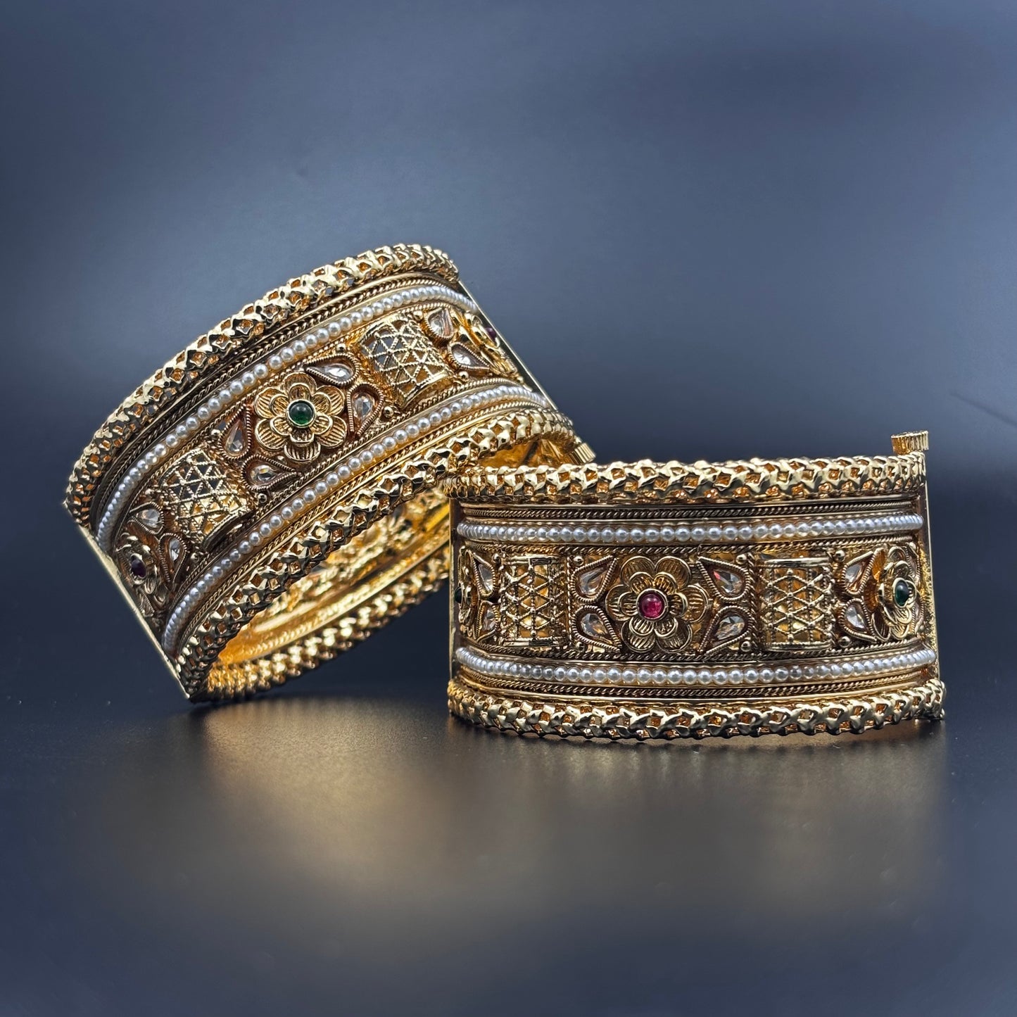 Traditional Gold-Plated Pearl Bangles with Floral Design, Emerald and Ruby Accents, Set of 2 size 2 6