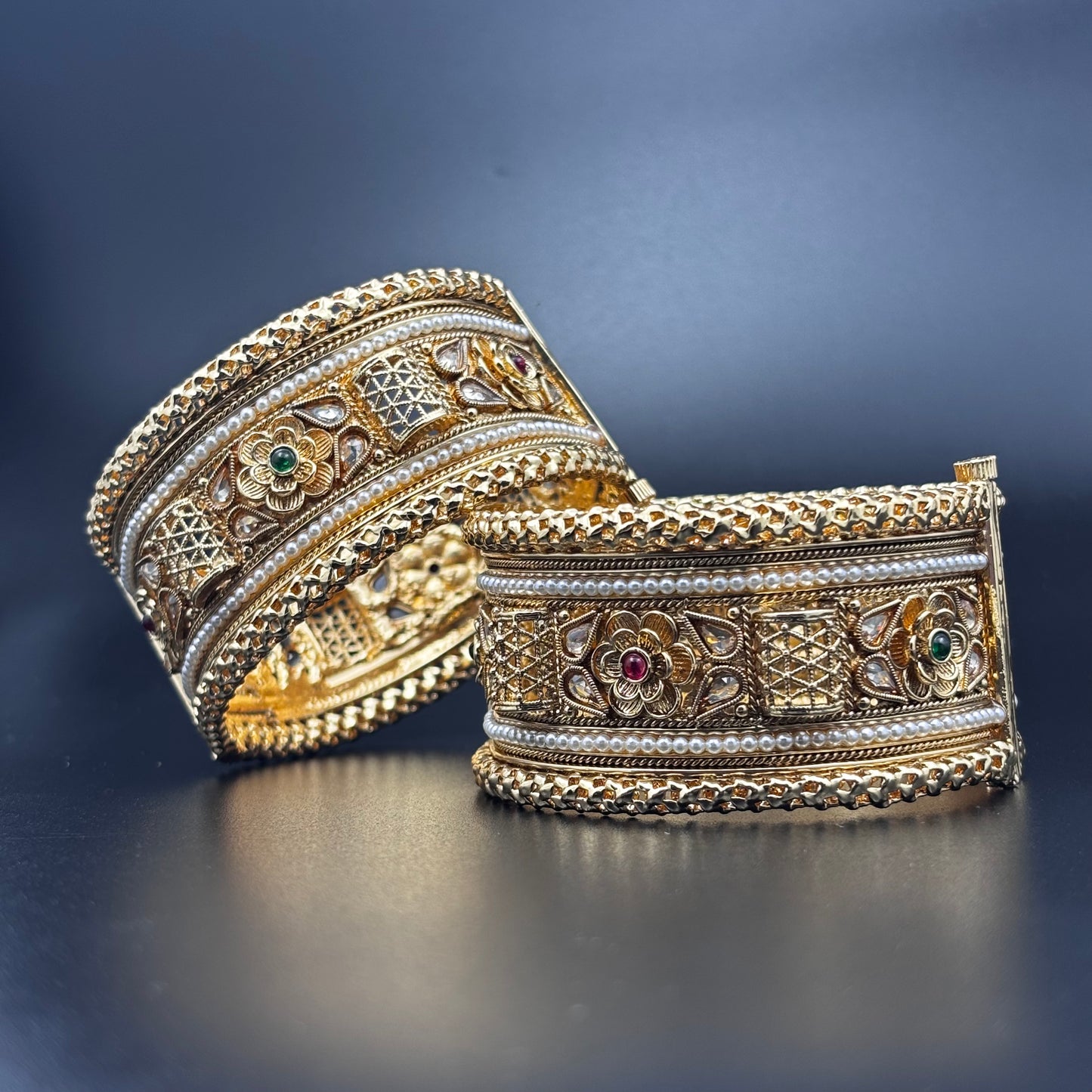 Traditional Gold-Plated Pearl Bangles with Floral Design, Emerald and Ruby Accents, Set of 2 size 2 6