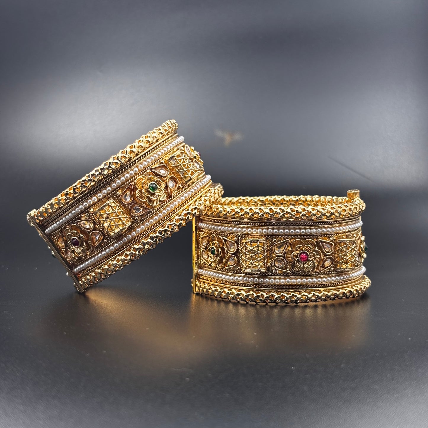 Traditional Gold-Plated Pearl Bangles with Floral Design, Emerald and Ruby Accents, Set of 2 size 2 6