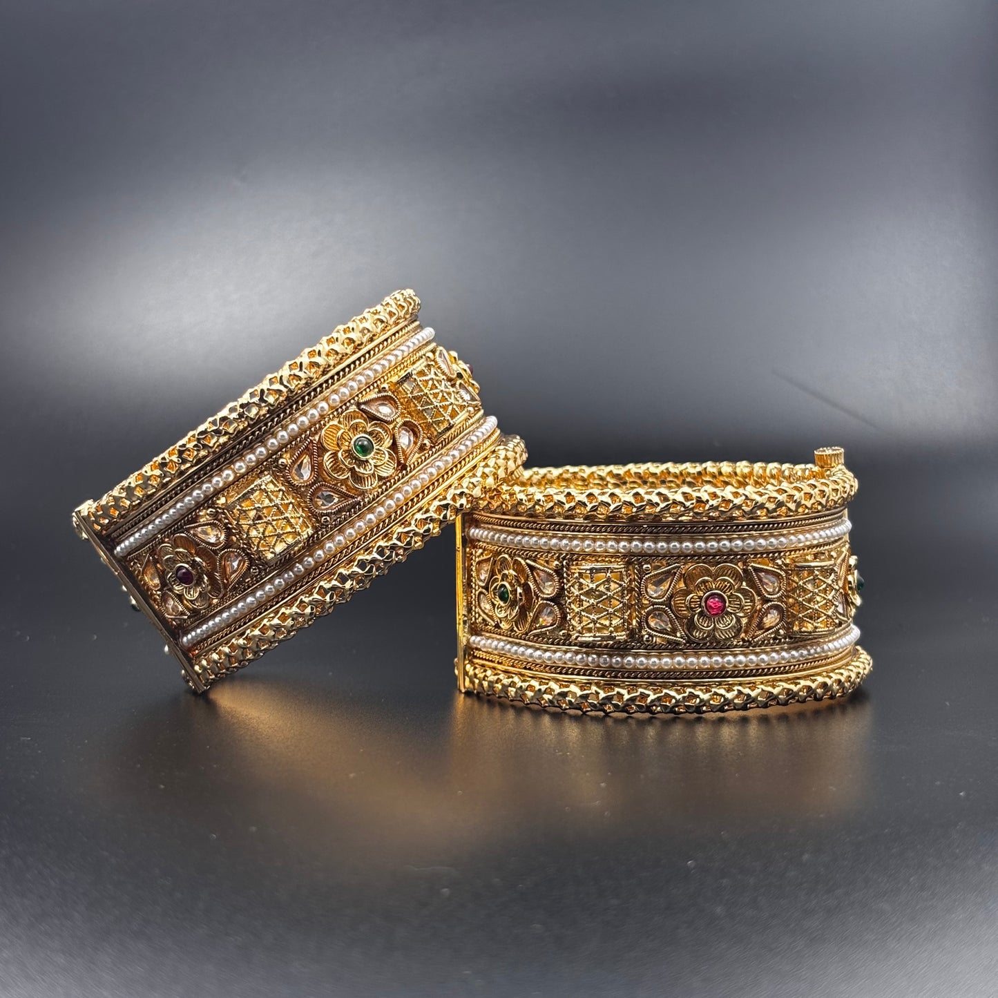 Traditional Gold-Plated Pearl Bangles with Floral Design, Emerald and Ruby Accents, Set of 2 size 2 6