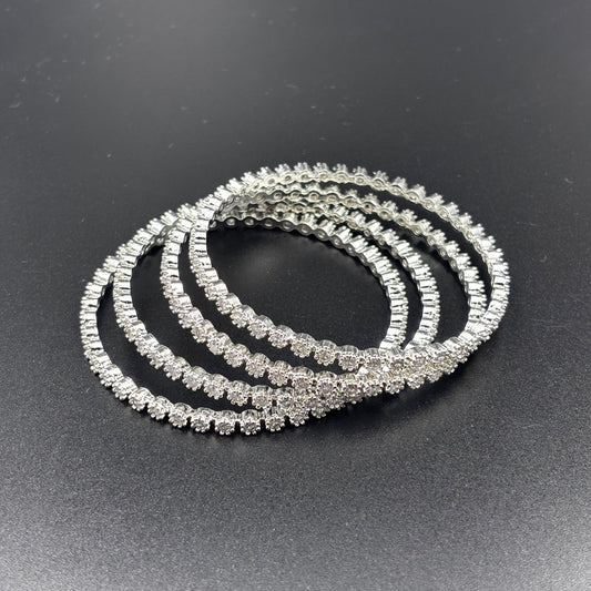 Crystal Rhinestone Stretch Bangles, Silver-Toned, Set of 4, Elastic Fashion Bracelets size 2 6