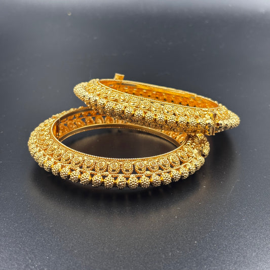 Traditional Gold-Plated Bangles with Beaded Design, Set of 2, Size 2 6