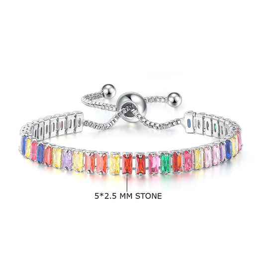 Silver Plated Rectangular Cut Cubic Zirconia Multicolor Matrix Anti Tarnish Tennis Bracelet