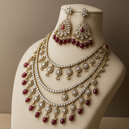 Luxury Bridal Necklace Set with Crystal and Ruby Drops, 3-Layer Gold-Plated Jewellery Set with Chandelier Earrings