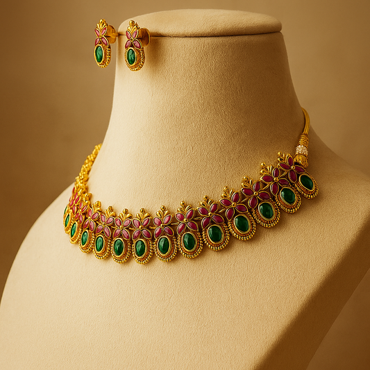 Traditional Gold-Plated Necklace Set with Green Enamel Flowers and Ruby Stones