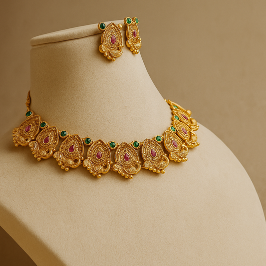 Antique Gold Necklace Set with Green and Purple Stones