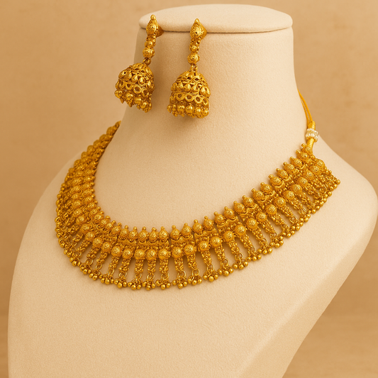 Traditional Gold-Plated Floral Necklace Set with Ruby Stone, Antique Design