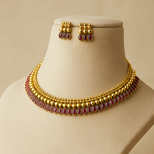Traditional Gold-Plated Necklace Set with Ruby Red Stones