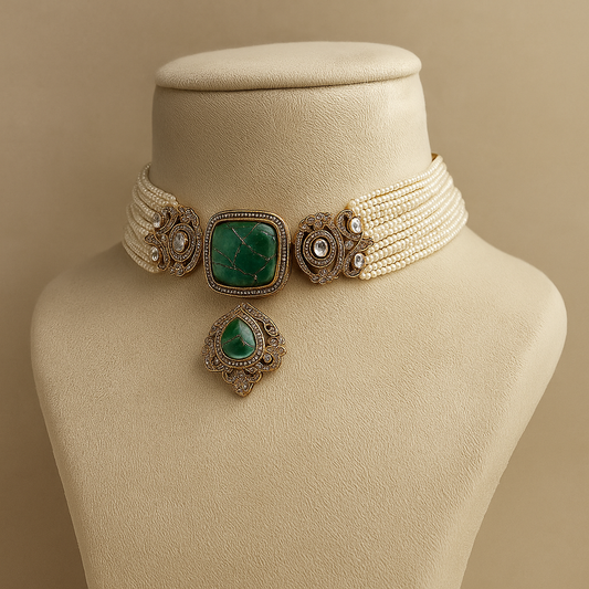 Vintage Pearl Choker Necklace with Emerald Stone Pendant