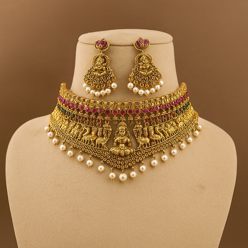 Traditional Gold-Plated Choker Necklace Set with Pearl Drops