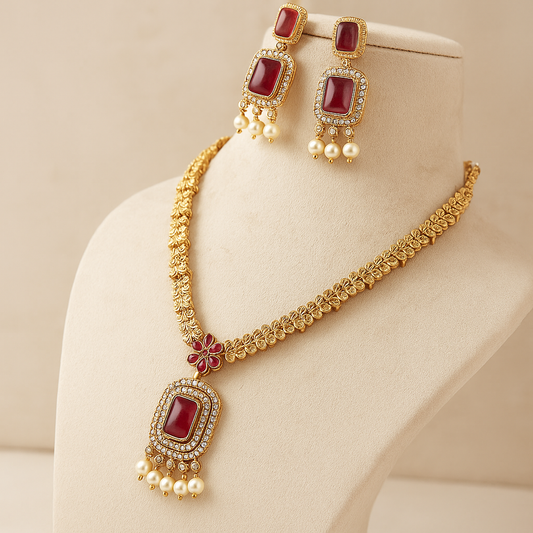 Elegant Gold-Toned Necklace Set With Crystal Pendant