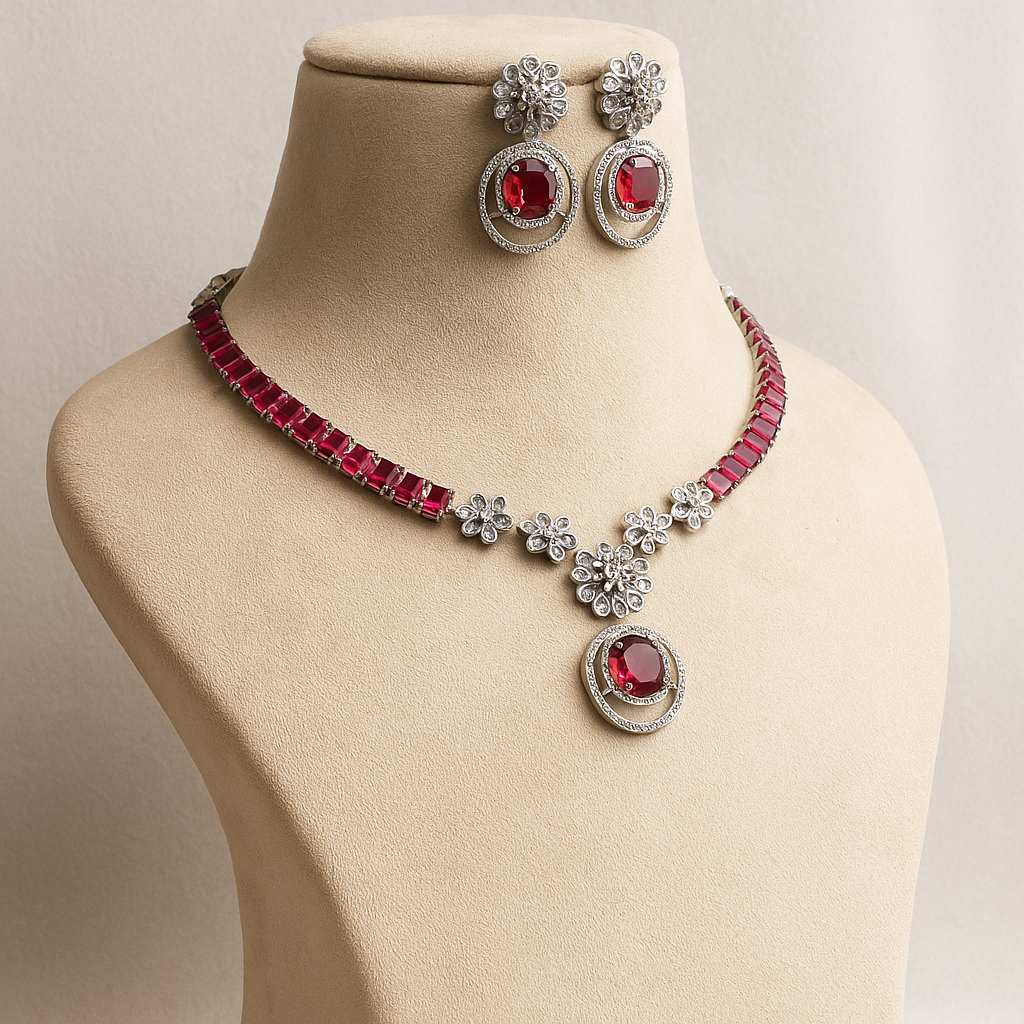 American Diamond Necklace Set with Ruby Red Stones