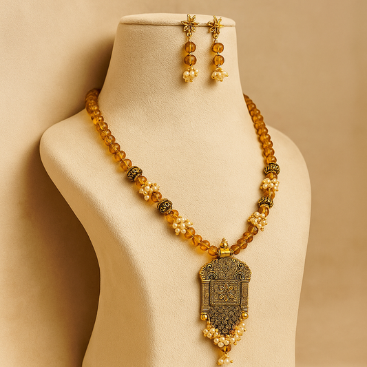 Antique Gold Plated Necklace Set with Floral Pendant