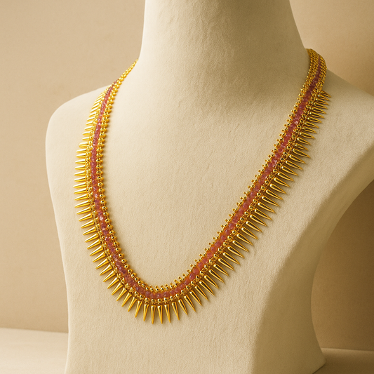 Traditional Gold-Plated Long Necklace with Pink Ruby Stones, Spike Design