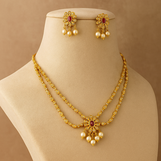 Elegant Double-Chain Gold-Toned Necklace with Turquoise Centre Stone