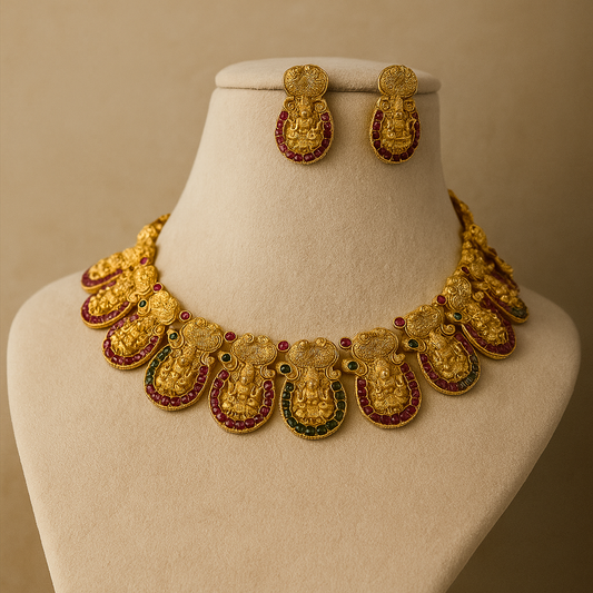 Traditional Gold-Plated Temple Necklace Set with Ruby and Emerald Stones