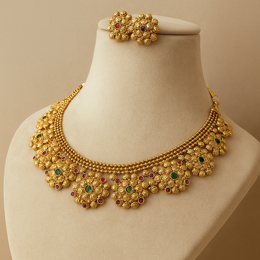 Antique Gold Floral Necklace Set with Ruby and Emerald Stones